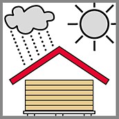 Lagerungs- und Transporthinweis in Form einer Illustration einer überdachten Lagerstätte für Schalungsplatten mit einer Sonne sowie einer Wolke mit Regen 