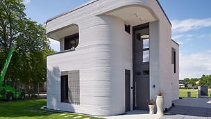 An exterior view of the 3D printed house in Beckum.