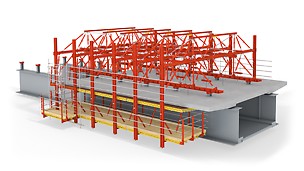 Bednicí vůz nasazený na ocelové spodní konstrukci pro výstavbu betonové části mostovky.