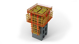 ACS P – la solución para núcleos de edificios  altos  y para torres  que avanzan en altura – combinado con ACS G. Ambas caras del encofrado cuelgan mediante carros móviles de las vigas superiores de la  plataforma 