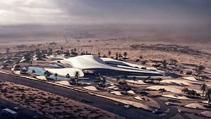 Nach den Plänen der berühmten Architektin Zaha Hadid entsteht derzeit der neue Hauptsitz des Umweltunternehmens Bee'ah. Das futuristische Bauwerk mit der komplexen Gebäudestruktur wurde nach dem Vorbild einer Sanddüne entworfen. (Quelle: www.zaha-hadid.com)