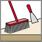 Illustration von Besen und Spachtel auf Schalungsplatten, als Beispiel für Reinigungsutensilien für das Säubern der Betonschalungsplatten nach dem Schalungseinsatz.