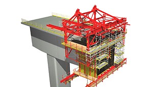 Construção de superestruturas utilizando os Carros de Avanço VARIOKIT da PERI - rápido e preciso a nível dimensional até à última secção da ponte.