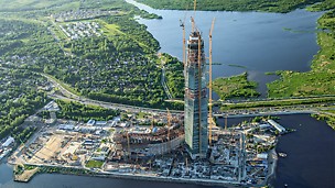The future highest high-rise building in Europe is currently being realized in Saint Petersburg: the headquarters of the energy company Gazprom will reach a total height of 462 m. Spectacular multi-functional buildings, an amphitheater and spacious parks complement the complex.
