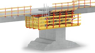 VARIOKIT Gesimskappensysteme: Speziell für kurze Brücken und Sanierungen ist die VARIOKIT Gesimskappenkonsole mit einer geschlossenen Bühne eine sichere und saubere Lösung.
