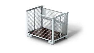 Die Gitterbox zum Transportieren schwer stapelbarer Teile ist lackiert oder verzinkt verfügbar. Die zulässige Tragfähigkeit beträgt 1,5 t.