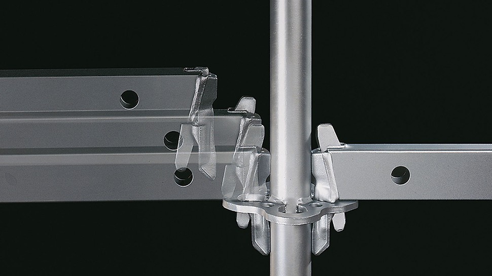 The gravity lock facilitates fast assembly of the modular scaffolding.
