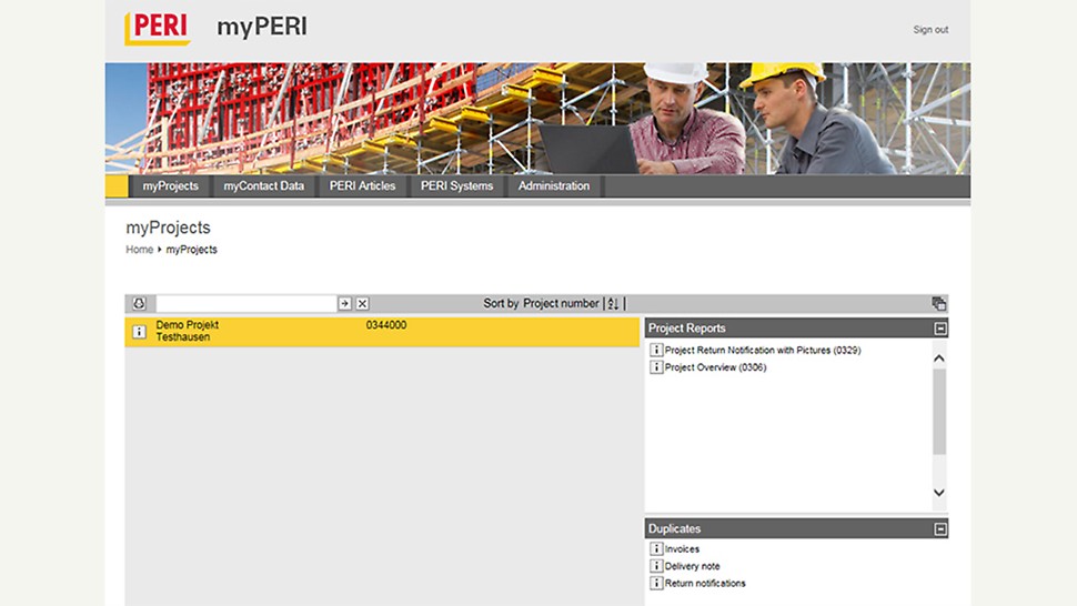 myPERI program interface provides an overview of the construction project