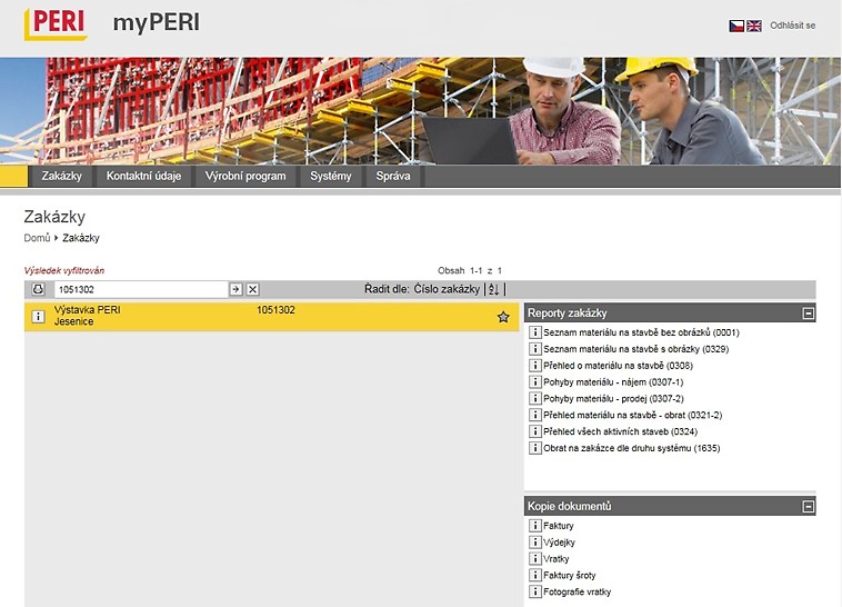 myPERI ukazuje na obrazovce přehled projektů
