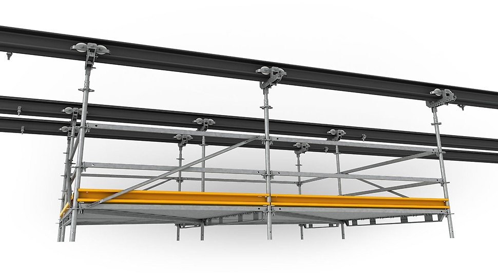 The suspended scaffold can be manoeuvred with little effort due to smooth plastic rollers.