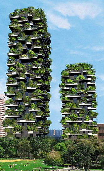 Bosco Verticale: Obě 87 m a 119 m vysoké obytné budovy s masivními balkony jsou osazeny téměř 900 stromy a 4000 keři, tzv. „vertikálním lesem“ uprostřed Milána.