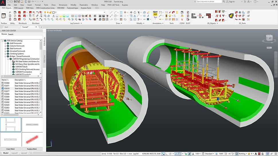 Créez rapidement une planification détaillée dan PERI CAD. L'illustration ci-dessus montre les détails d'une conception de coffrage de tunnel 3D.