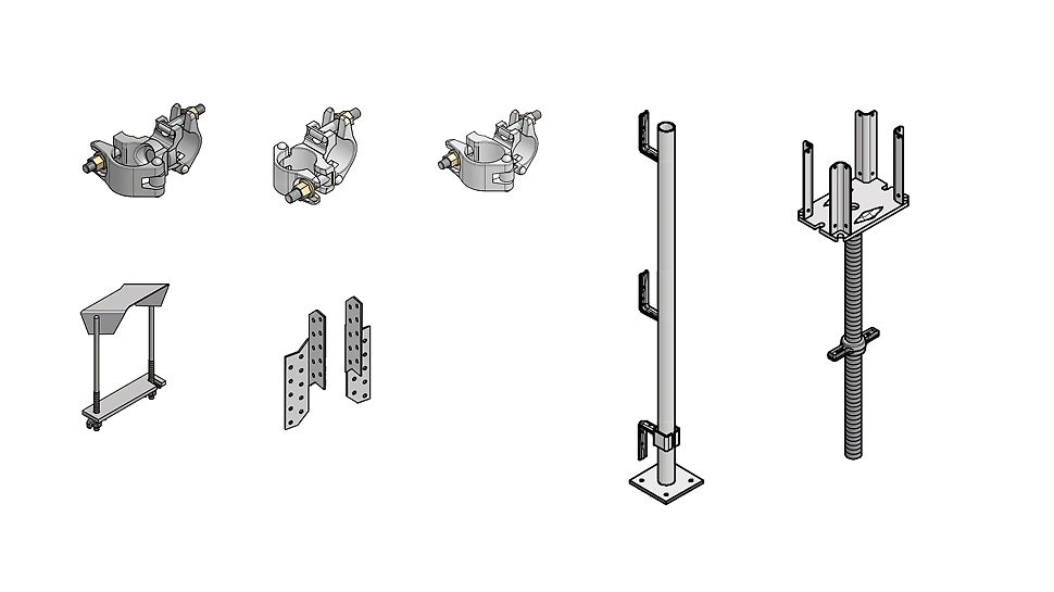 Cuando se utilizan andamios, son necesarios los accesorios adecuados. Con nuestros componentes para andamios, le ayudamos en la implementación de su proyecto de andamiaje. 