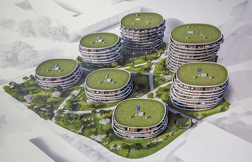 “Viertel Zwei – Rondo” Obytný park: Jedinečný tvar balkónů propůjčuje obytnému komplexu extravagantní vzhled a nabízí nezvyklý komfort pro bydlení.