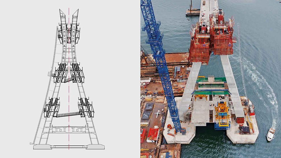 Para este pilón de 90 m de altura PERI diseño una solución a base de encofrados trepantes, con plataformas de acceso y un 
montacargas.