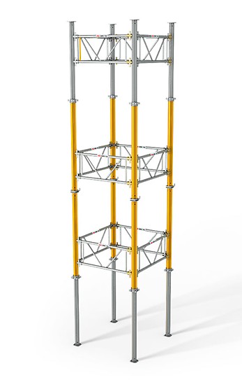 Zur Errichtung eines Turms werden MULTIPROP Rahmen mit dem unverlierbaren Klemmkeil angeschlossen.
