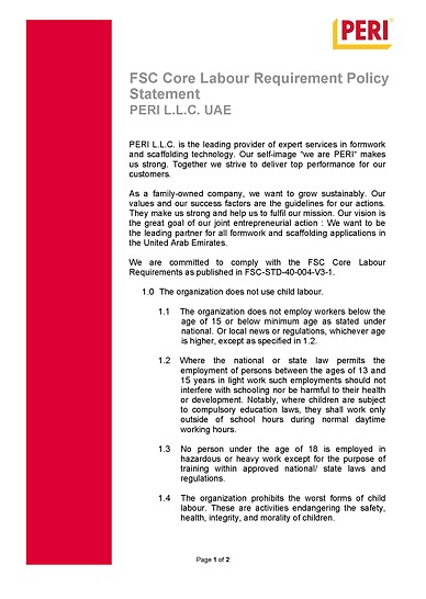 PERI FSC Core Labour Requirement Policy Statement