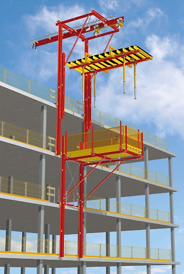 Lifting bracket and landing platform: Following the drawer principle, the slab tables are moved into the table lifting unit. The topmost guardrail remains intact – the load is simply moved across it.
