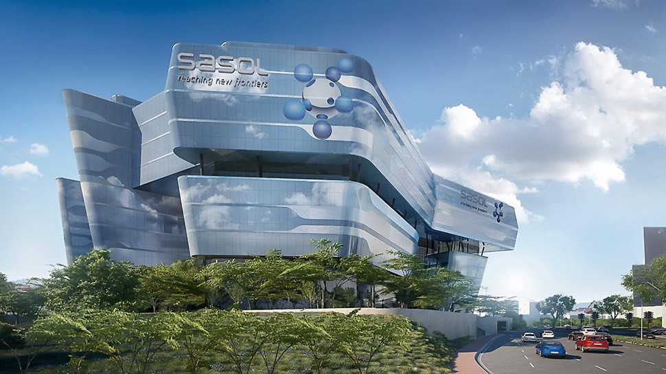 Eine außergewöhnliche Glasfassade umhüllt die neue Sasol-Unternehmenszentrale.
