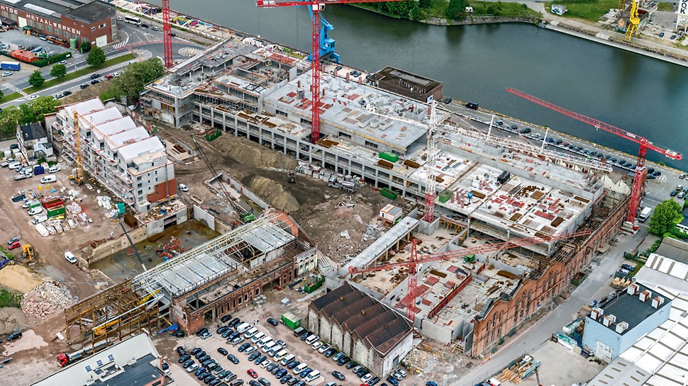 Voor de transformatie van een industrieterrein van 30.000 m² tot een nieuwbouw aan Gent Dok Noord leverde PERI tal van bekistings- en ondersteuningsmaterialen 