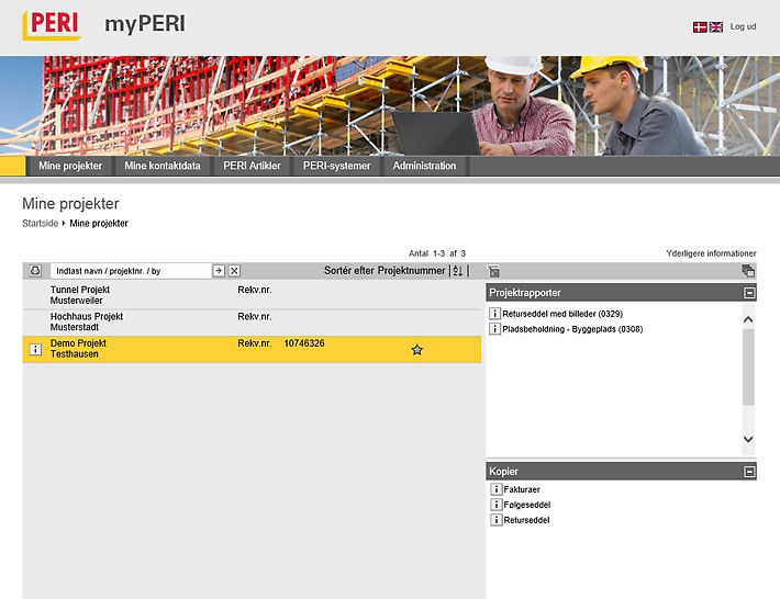 I myPERI, kan kunderne finde alle aktive byggepladser. Her lagres rapporter og andre hjælpefulde documenter fra byggepladserne.