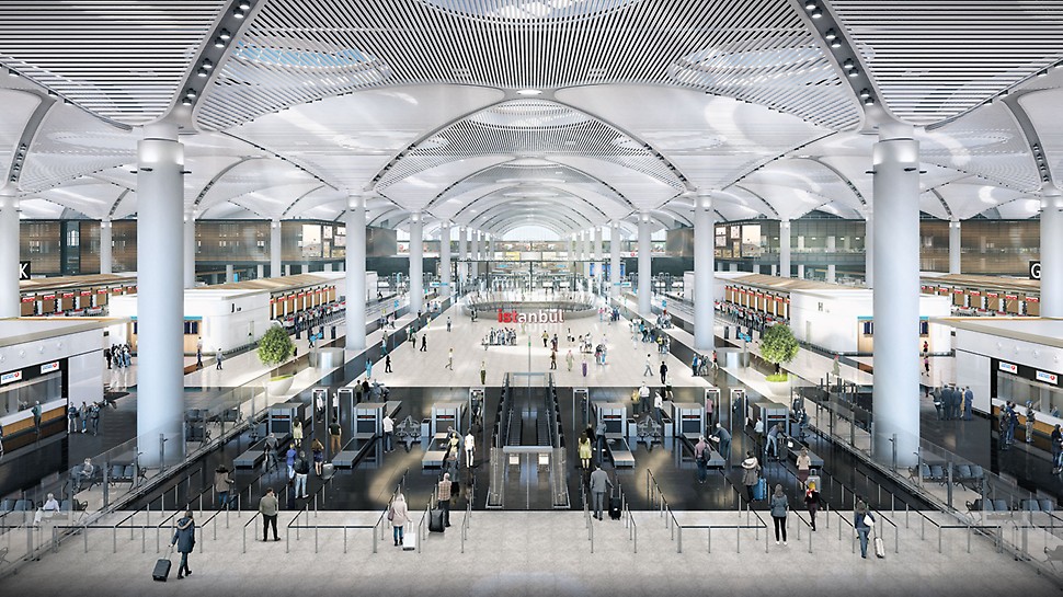 Der Istanbul Airport bietet Platz für 90 Mio. Passagiere jährlich. Insgesamt 13 verschiedene Bauunternehmen haben mit PERI Systemen zur Fertigstellung beigetragen. (Foto: İGA Havalimanları İnşaatı Adi Ortaklığı Ticari İşletmesi)