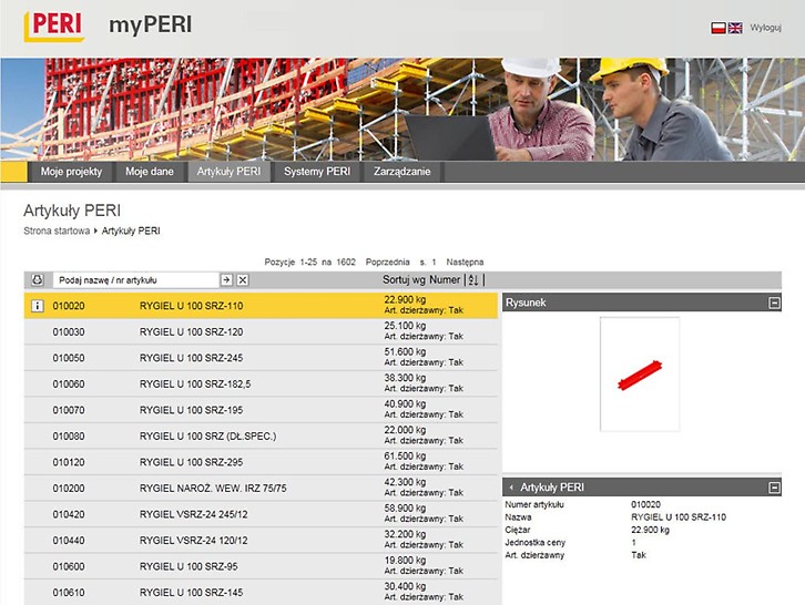 Portal stanowi obszerną bazę danych na temat wszystkich produktów PERI. Rysunki przedstawiające poszczególne artykuły pozwalają na łatwą i szybką identyfikację elementów na budowie.