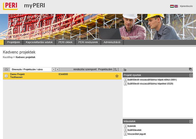 A myPERI program felülete áttekintést nyújt az építési projektekről