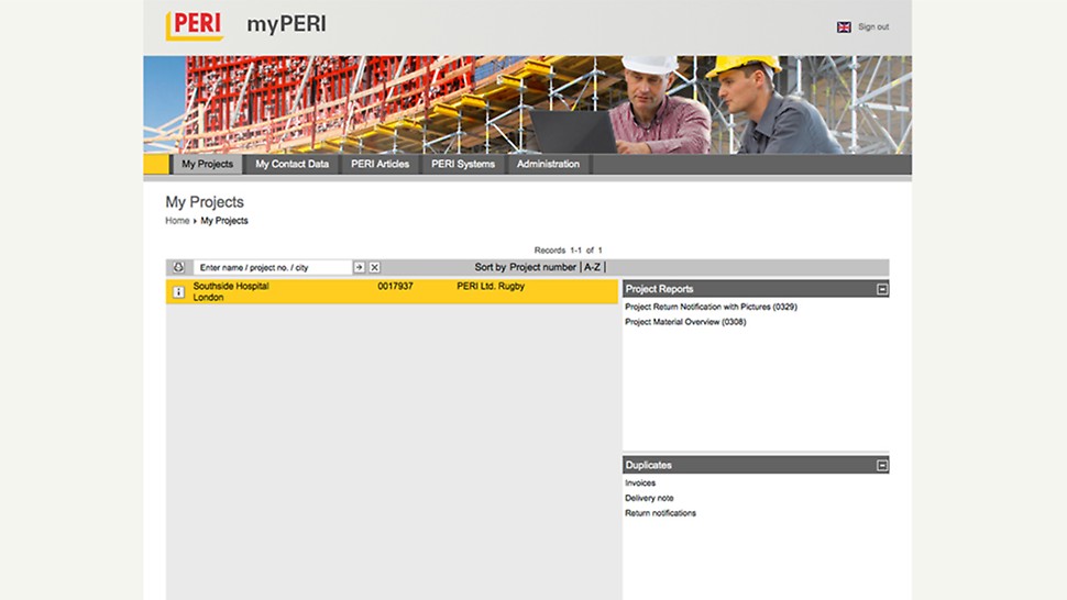 myPERI screen shot of the project overview functionality