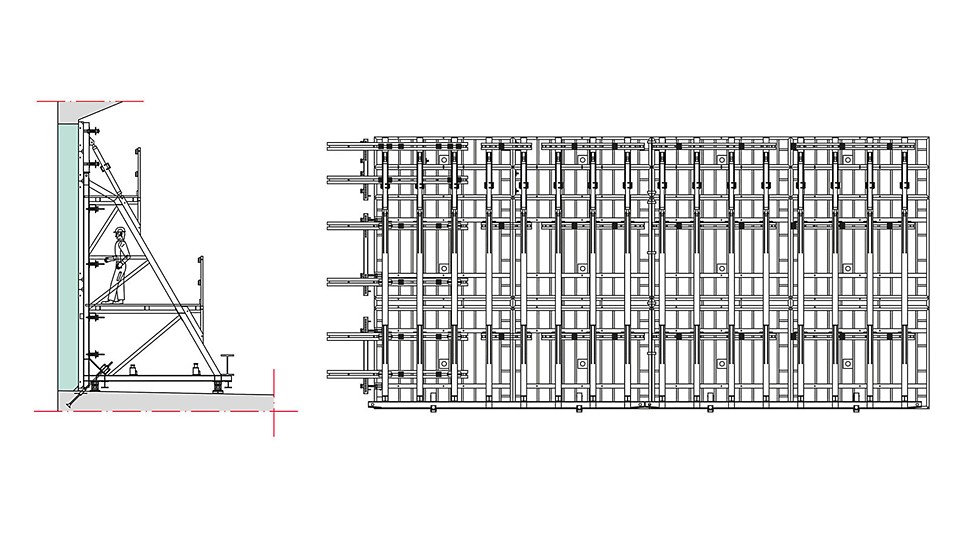 Wandansicht zweier gekoppelter TRIO Rahmenschalungselemente und Stützbockeinheiten mit Riegellagen für einen Betonierabschnitt (links) und Schnitt (rechts).