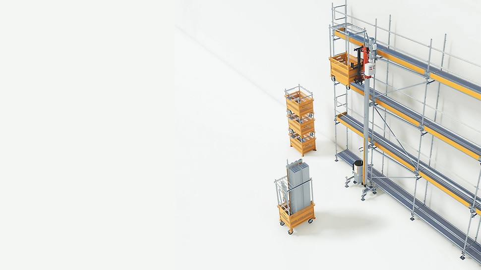 Gracias a las cajas de transporte desmontables, el sistema de transporte de andamios STS 300 permite transportar los componentes del andamio tanto horizontal como verticalmente.