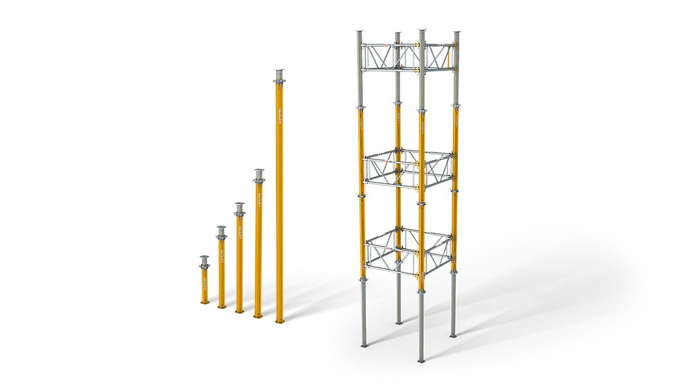 MULTIPROP Aluminium Slab Props: Used as a cost-saving lightweight individual prop and cost-effective shoring tower
