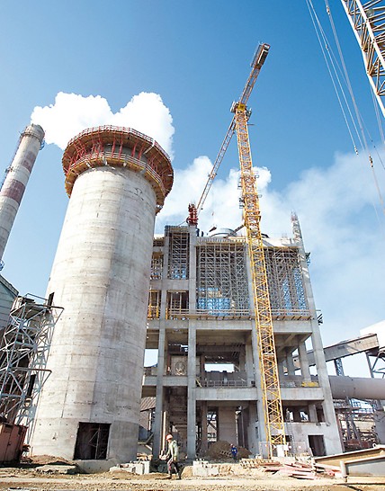 Cement plant Ivano-Frankowsk, Ukraine - With help of CB 240 climbing brackets externally and CB 160 internally along with VARIO girder wall formwork, the 43 metre-high silo was formed in 4-day concreting cycles.