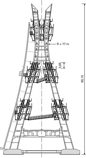 Most Lekki Ikoyi: Důležitou součástí řešení se šplhavým bedněním PERI byla i přístupová technika se spojovací lávkou tzv. Catwalk a napojením na výtah.