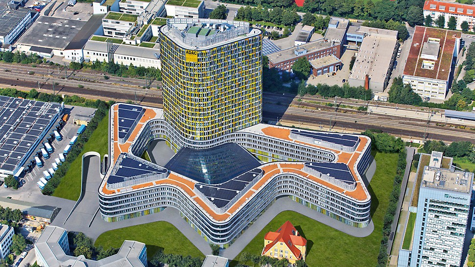 ADAC Headquarters, Munich, Germany - The new ADAC headquarters is comprised of a five-storey, undulating curved base structure with a large courtyard. The office tower continues upwards for another 18 floors.