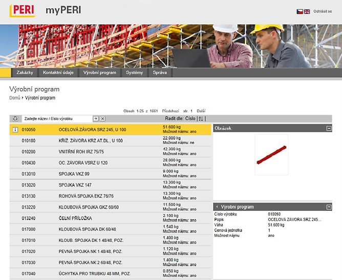 Online portál zobrazuje všechny výrobky PERI - trojrozměrně s přesným označením výrobků a jeho hmotností.