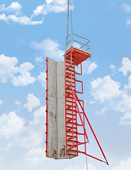 Die Säulenschalung QUATTRO lässt sich mit nur einem Hub komplett inklusive Richtstützen und Betonierbühne umsetzen.
