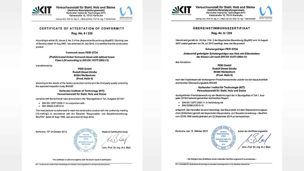 The Certificate of Conformity confirms that the GT 24 Formwork Girder corresponds to the technical rules of DIN EN 13377.