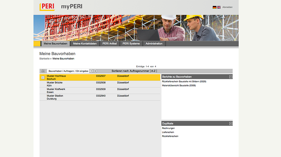 myPERI screen shot of the project overview functionality