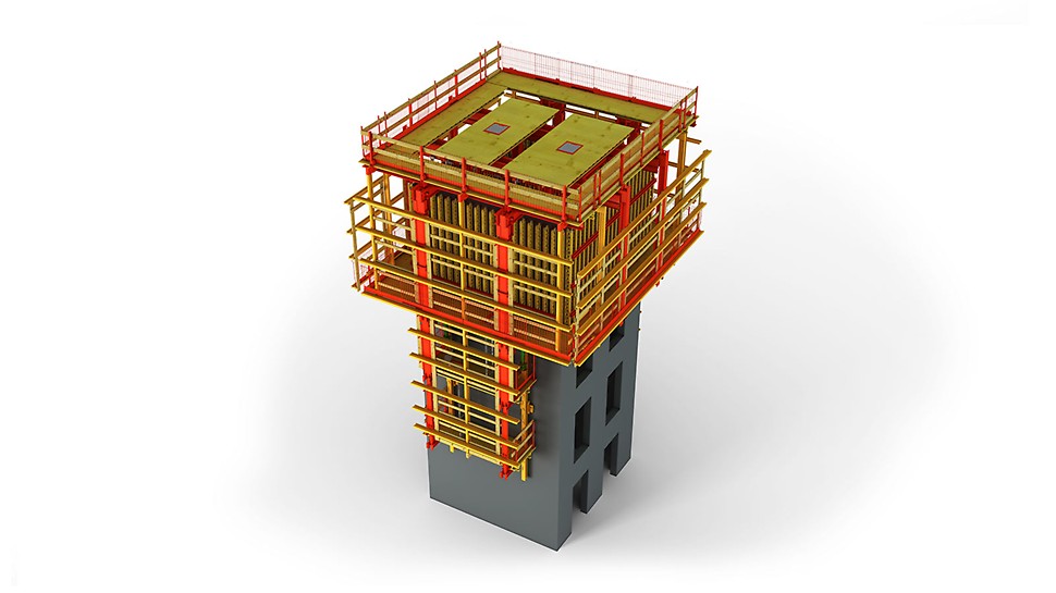 ACS P : la solution pour noyaux d'immeubles réalisés à l'avancement et ouvrages type tour, en combinaison avec ACS G. Les deux faces du coffrage sont suspendues, tout en étant mobiles, aux supports de plate-forme en encorbellement.