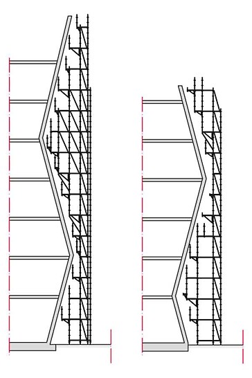 Aanpassingen aan de vorm van het gebouw worden uitgevoerd in een uniforme rasteropstelling van 25 cm, wat een hoge mate van flexibiliteit biedt voor complexe gevelsteigers.