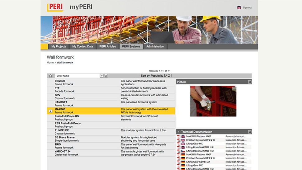 myPERI gebruikersinterface downloadcenter voor technische documentatie en foto's van de systemen