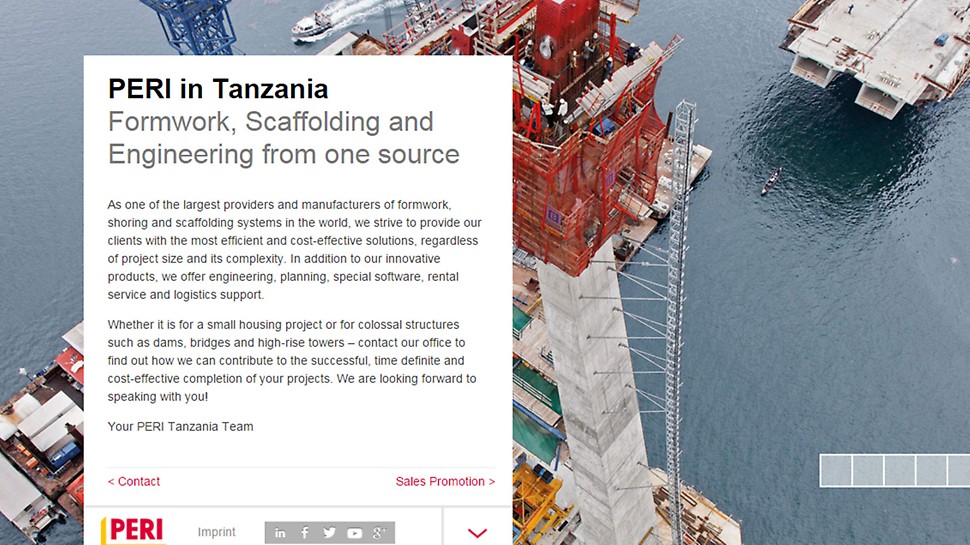 Screenshot PERI Tansania Website - PERI provides Formwork, Scaffolding, Engineering