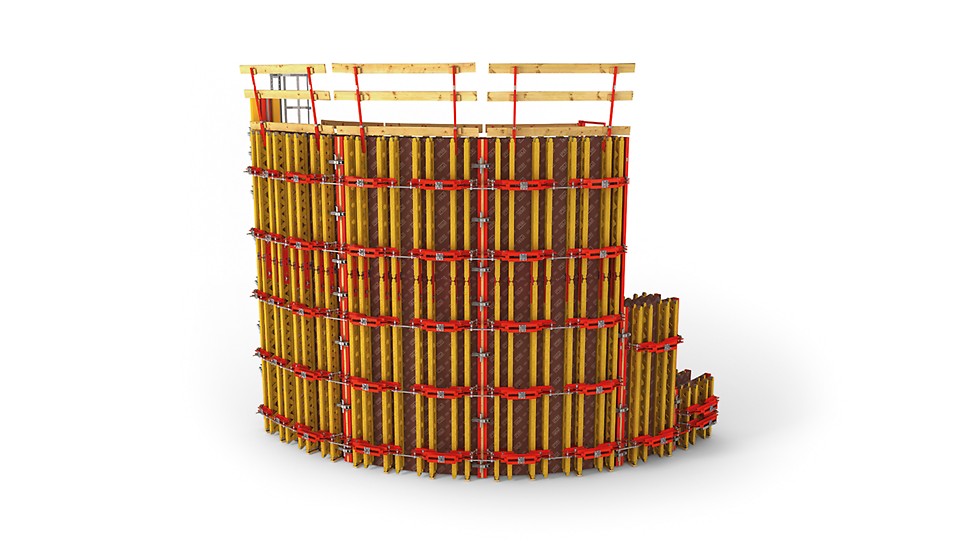 Continuously adjustable circular formwork for radii greater than 1.00m without panel alterations
