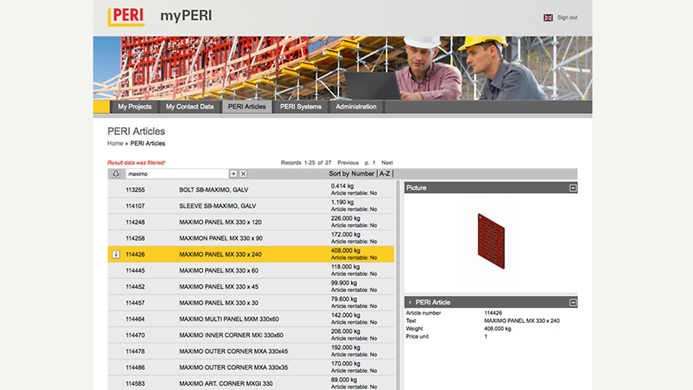 captura de pantalla del escritorio de myPERI con una vista previa del sistema PERI