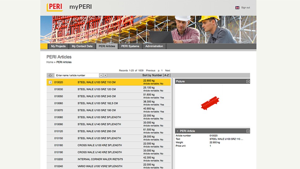 myPERI потребителски интерфейс - продукти на PERI, с точно обозначение на артикула и теглото му