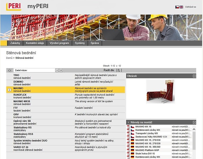 uživatelská plocha myPERI s možnostmi stažení technické dokumentace a obrázky k systémům