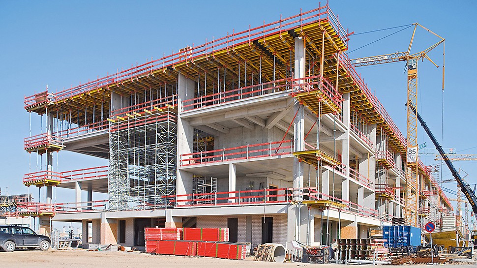 BBI Airport, Berlin Brandenburg, Germany - Where required due to the height of the storey, the formwork was supported by shoring consisting of PERI UP standard components.