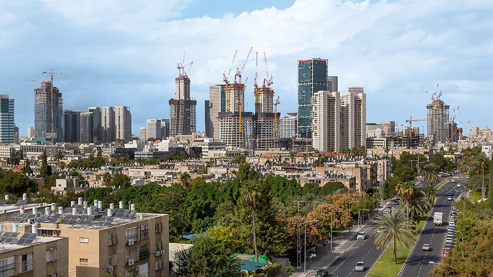 מגדלי אלון ב.ס.ר תל אביב - קו רקיע תל אביב עם מראה לאתר הבניה של מגדלי אלון