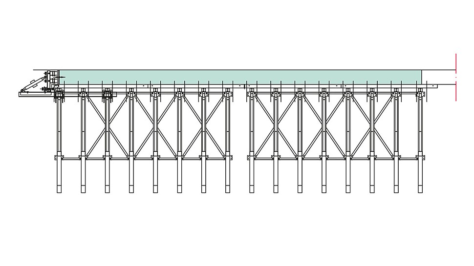 Ground plan of brace frame positions for one concreting cycle length with stopend formwork and tie positions.